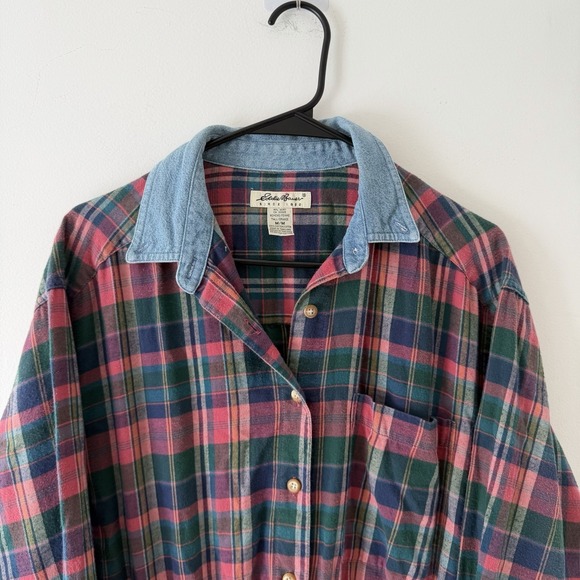 Vtg 90s Plaid Flannel Maxi Dress M Tall Denim Collar Long Sleeve Cotton Cabin - Picture 3 of 10